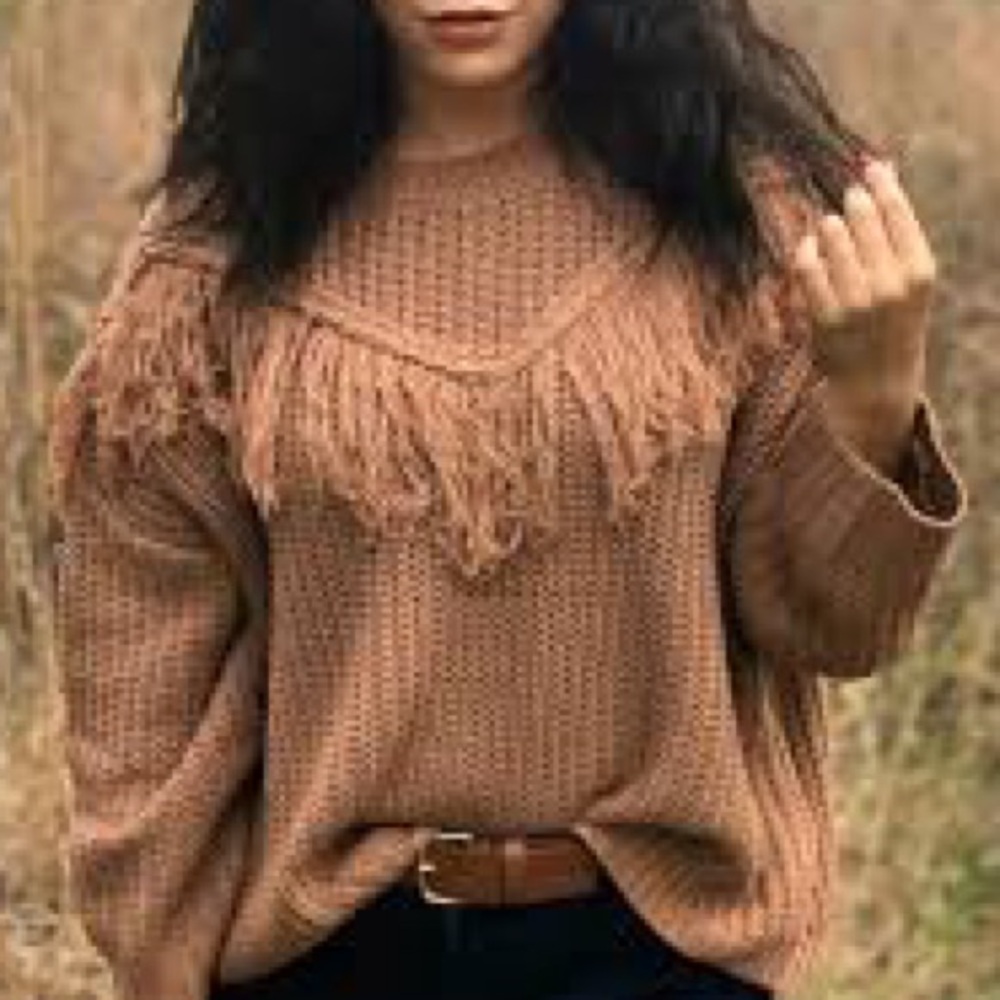 Mustard Seed Fringe Cozy Knit Sweater Brown Medium